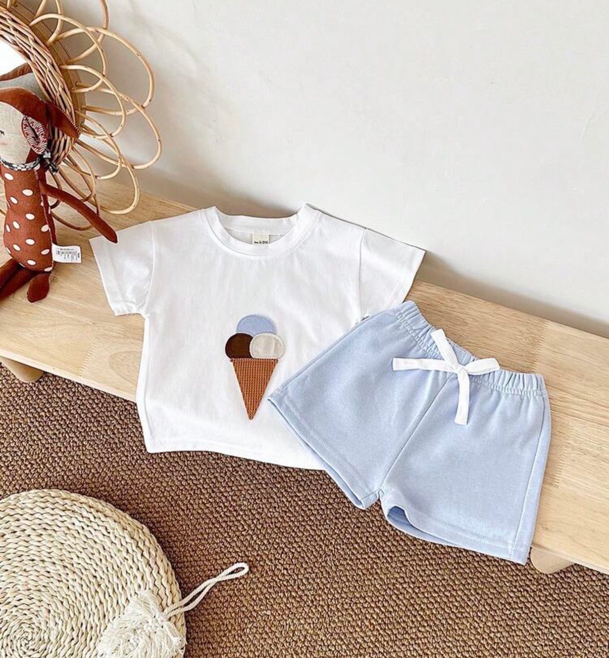 2pcs/Set Ice Cream Embroidery Short Sleeve Tee And Light Blue Shorts