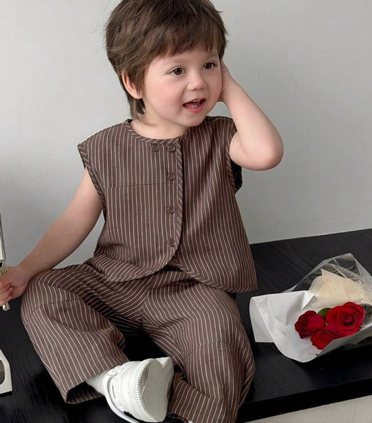 Round Neck Sleeveless Front Button Striped Casual Loose Shirt Set Toddler