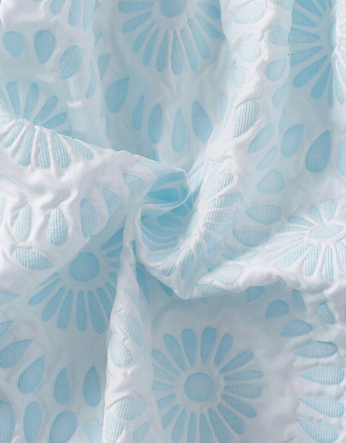 Vintaside Ruffle Collar Puff Sleeve Bow A-Line Dress,Light Blue And White Floral 3D Bow Detail Gown