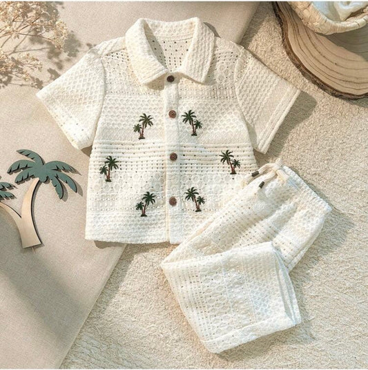 Loomiva Shirt Co-Ords 2pcs/Short Sleeve Shirt Knit Top And Long Pants Wide Leg Pants