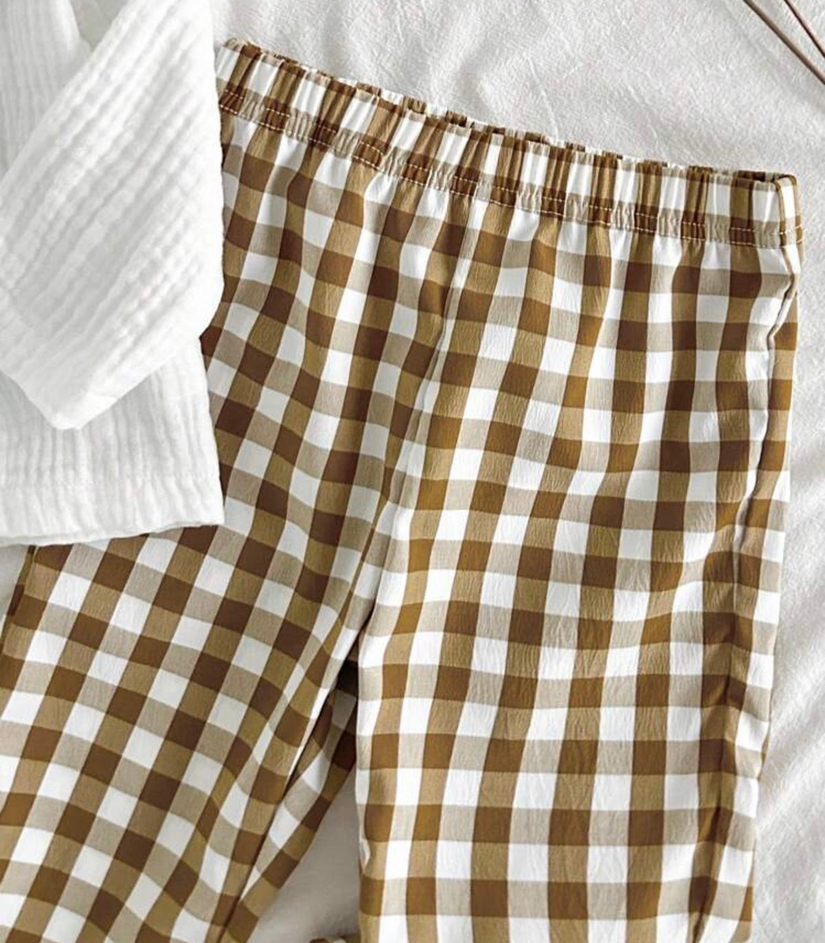 Elegant White Autumn Outfit,Long Sleeve Top With Plaid Pants
