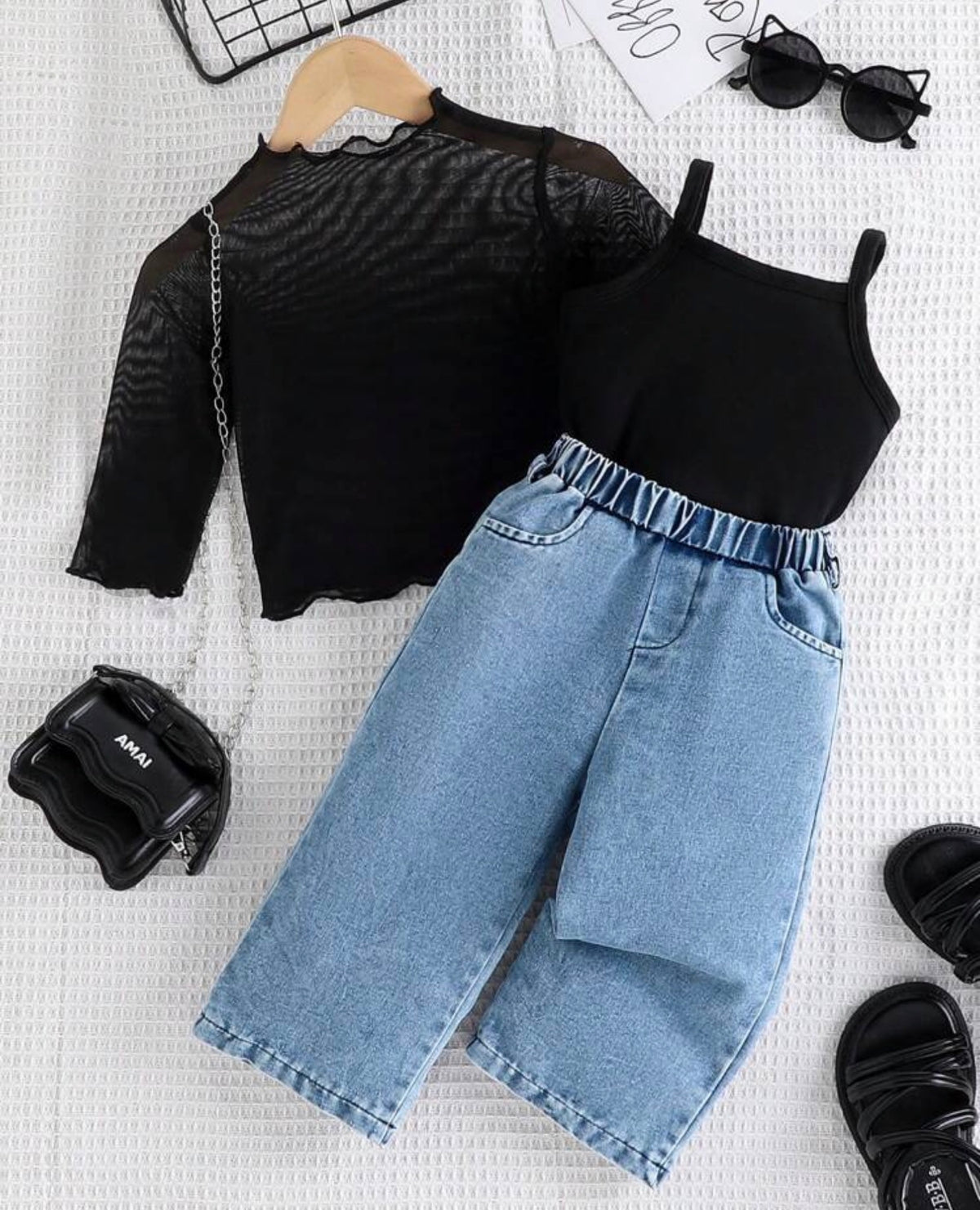 3pcs/Set Black Mesh Top, Matching Black Camisole, Blue Denim Pants