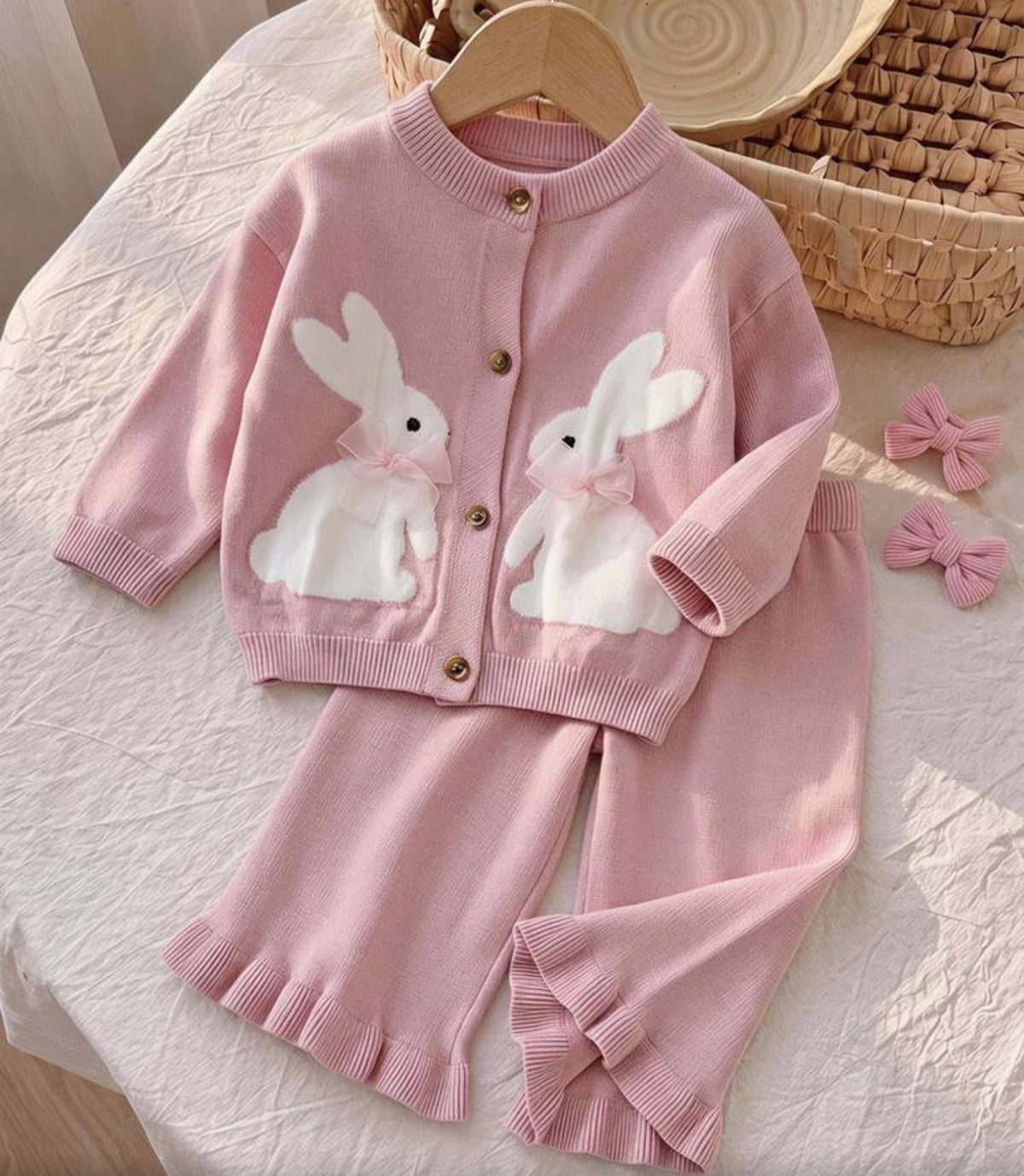 Rabbit Pattern 3D Bow Knitted Long Sleeve Button-Up Top Elastic Waist Long Pants 2-Piece Set