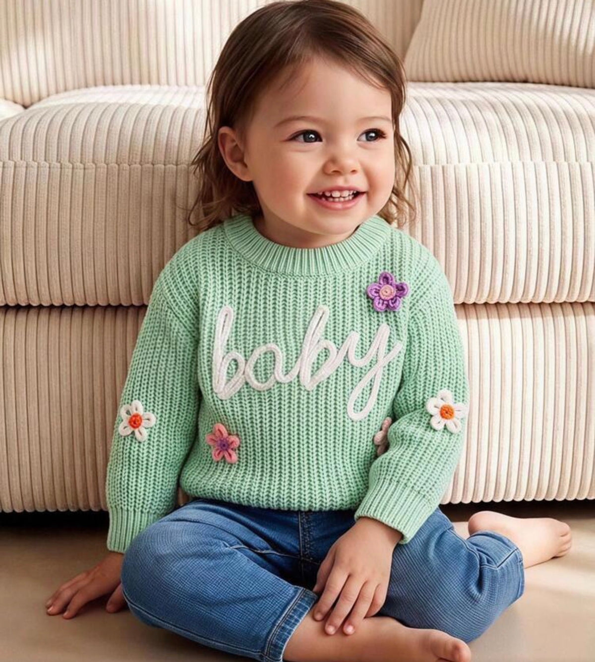 1pc Round Neck Sweater With "Baby" Embroidery Letter And 3D Flower
