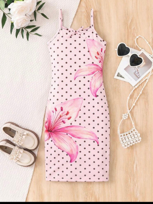 Blush Pink Polka Dot & Floral Print Spaghetti Strap Cami Maxi Dress