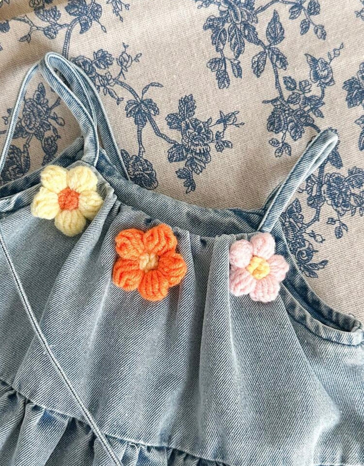 3D Flower Decor Denim Sleeveless Dress & Bag Set,
