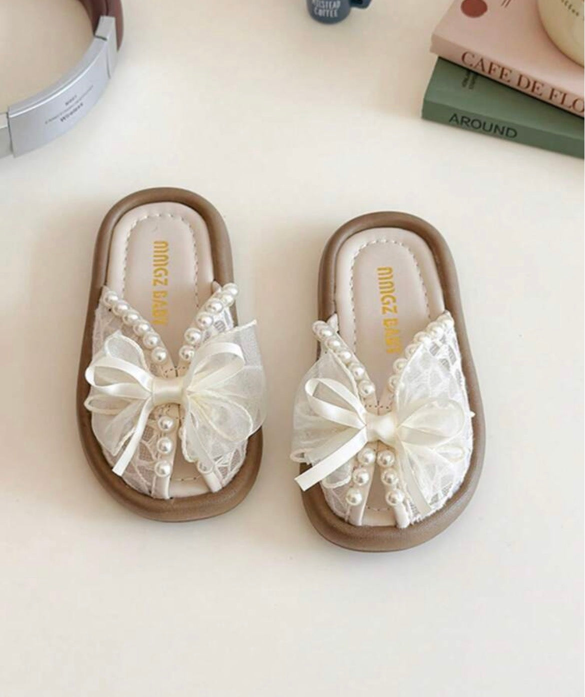 Pearl Bow Lace Open Toe Flat