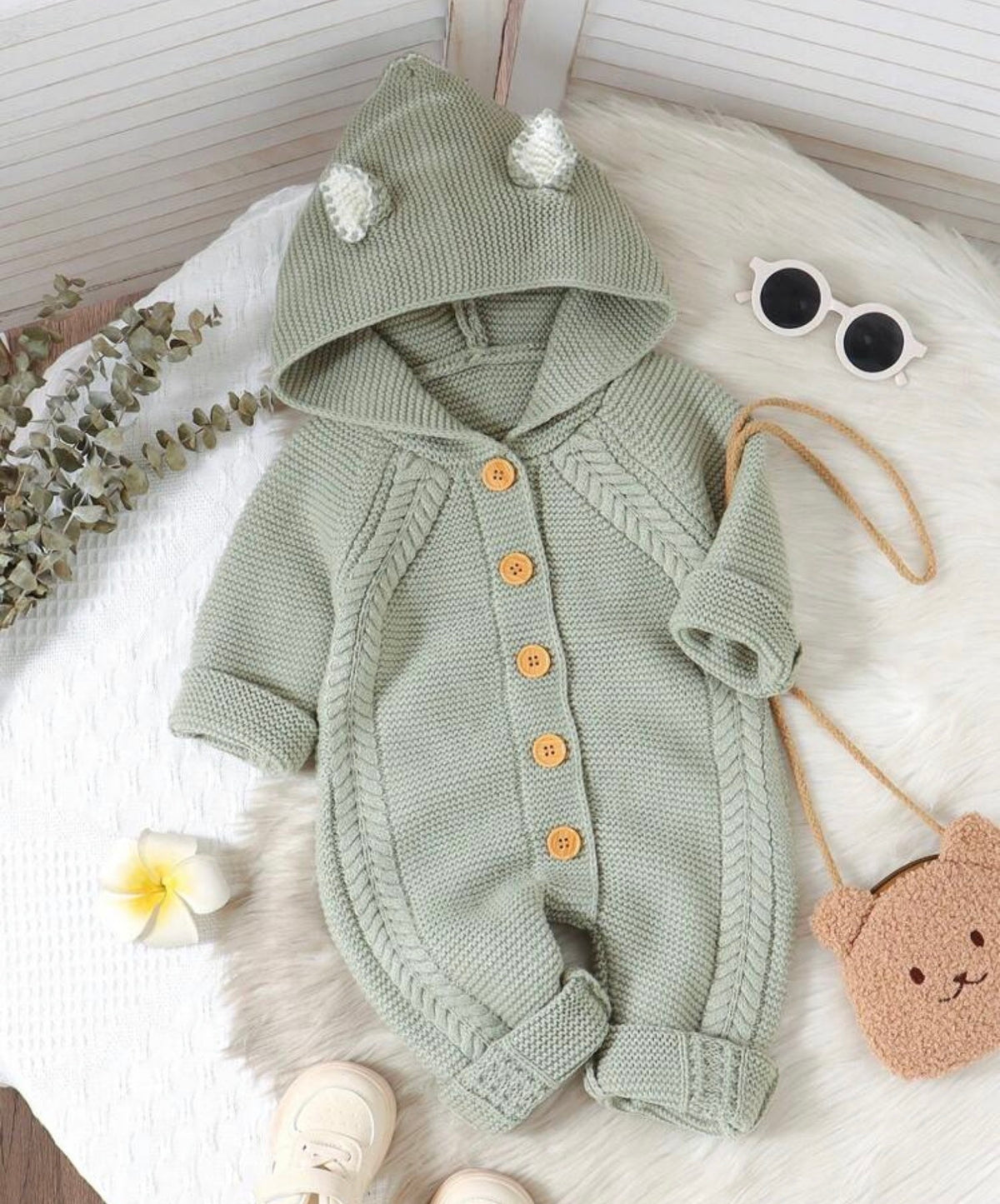 1pc Newborn Infants Solid Color Hooded Knitted Jumpsuit winter