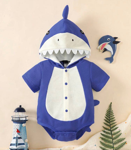 Shark 3D Embroidered Short Sleeve Hooded Romper