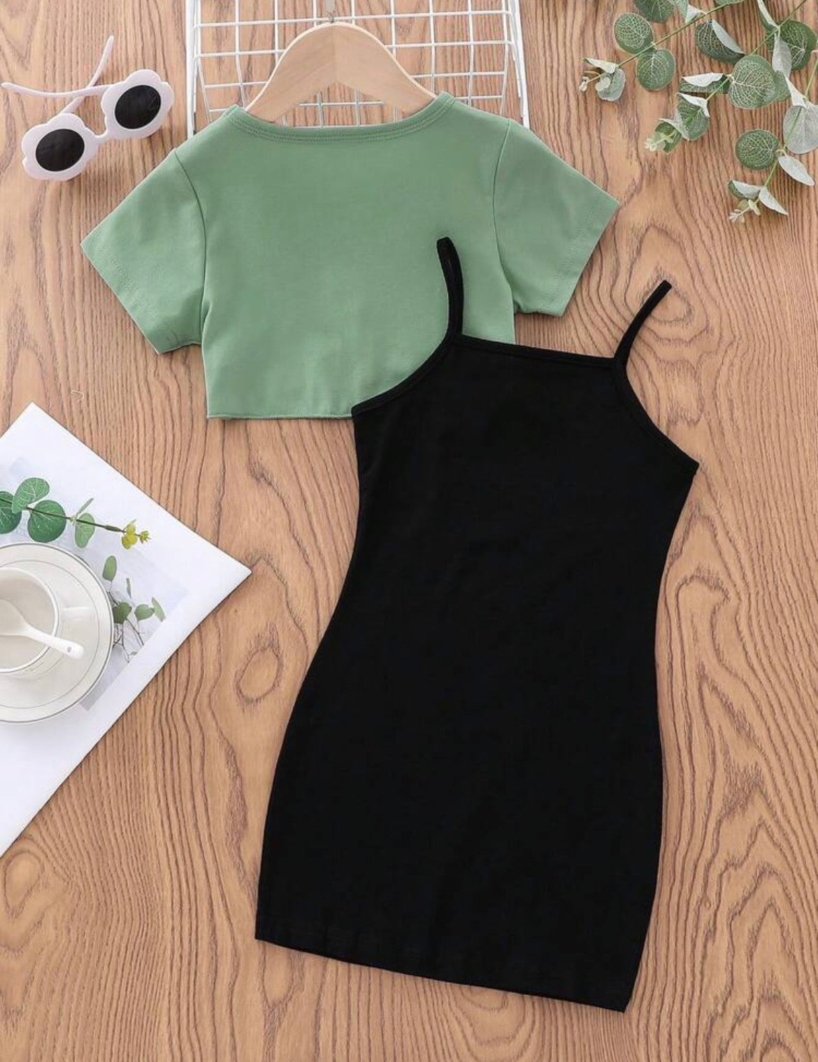 Round Neck Letter & Heart Print Short Sleeve T-Shirt And Cami Dress