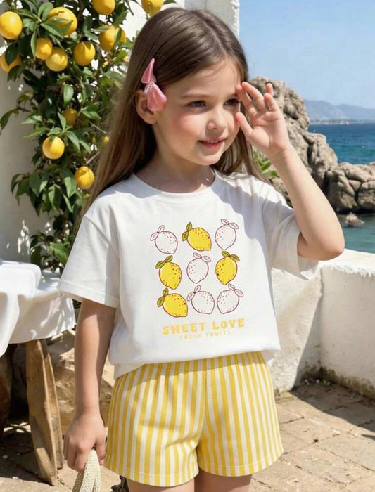 White Tee+Yellow & Striped Shorts