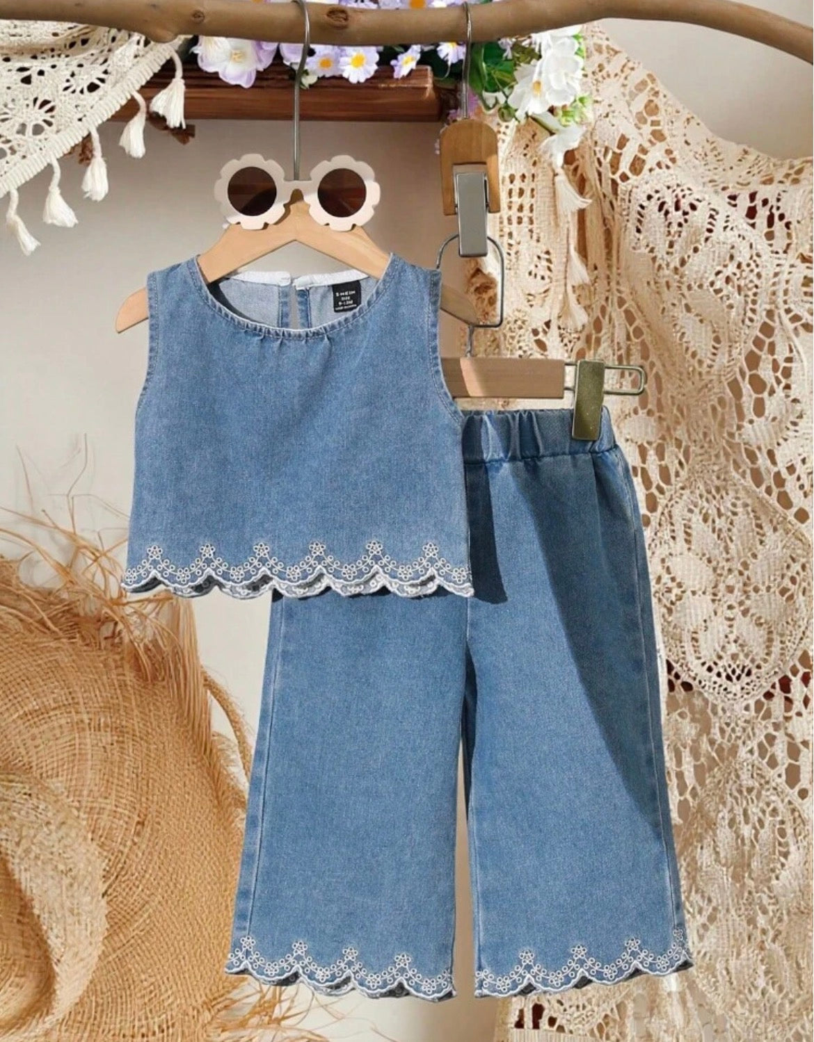 Hem Embroidery Sleeveless Top And Long Pants 2-Piece Set