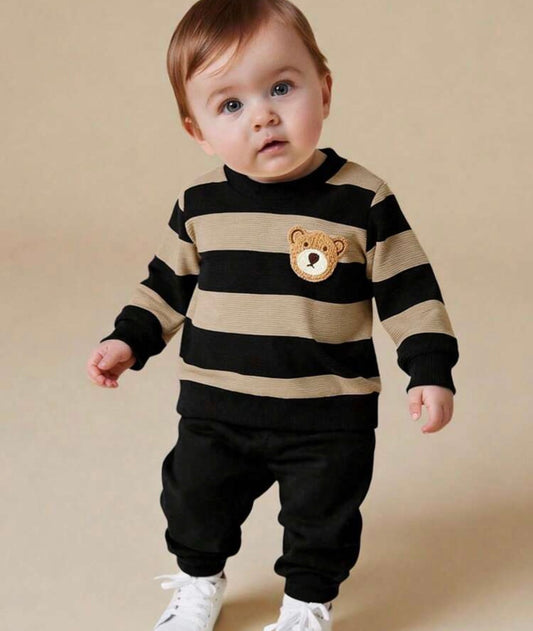 Striped Crew Neck Long Sleeve Bear Graphic Top Slim Fit Pants