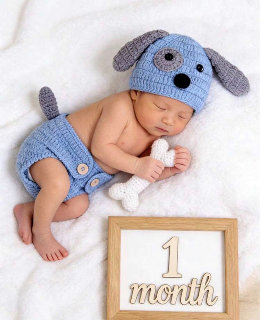 3pcs Blue Puppy Handmade Knitted Newborn Baby Photography Prop