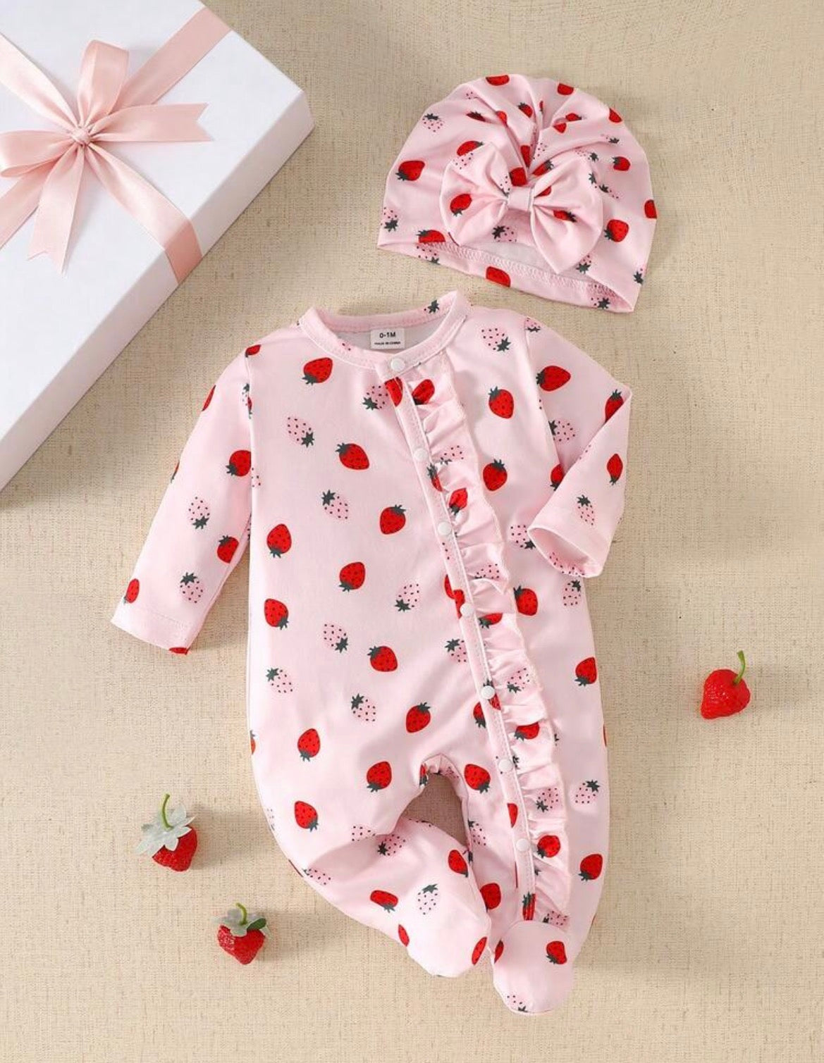 Bow print Romper with hat