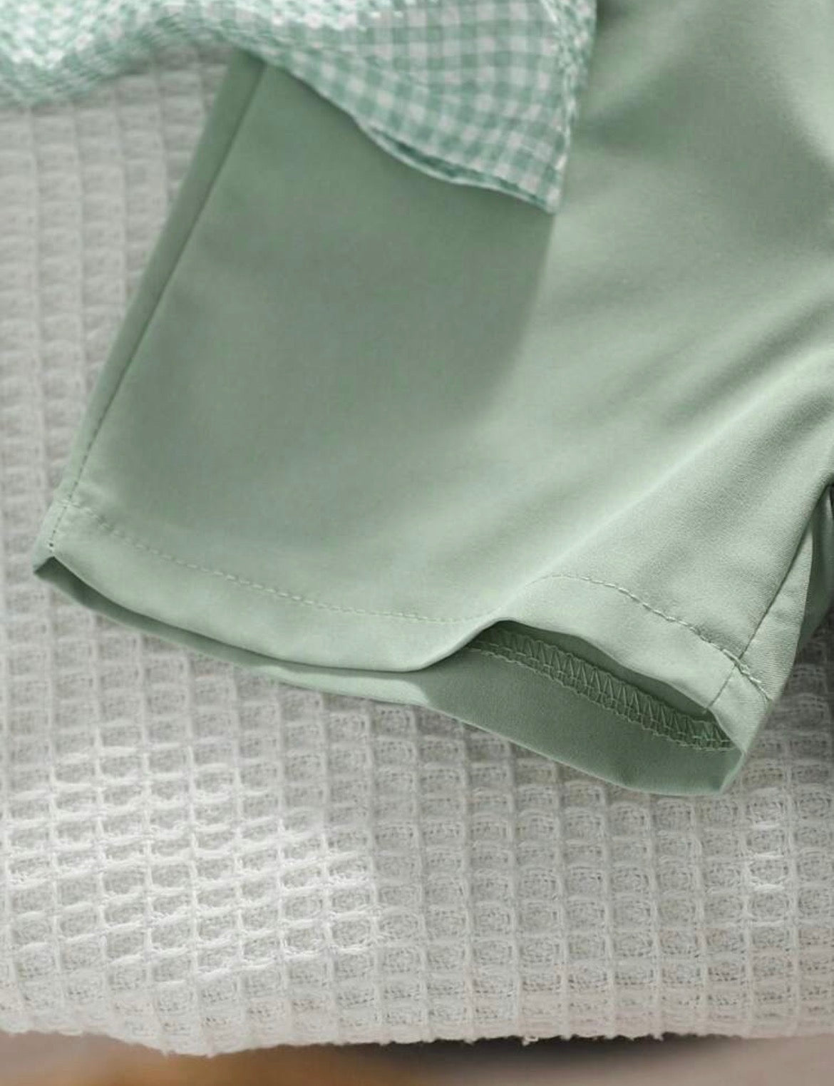 4pcs Sage Green With Short Sleeve Shirt,Shorts,Bow