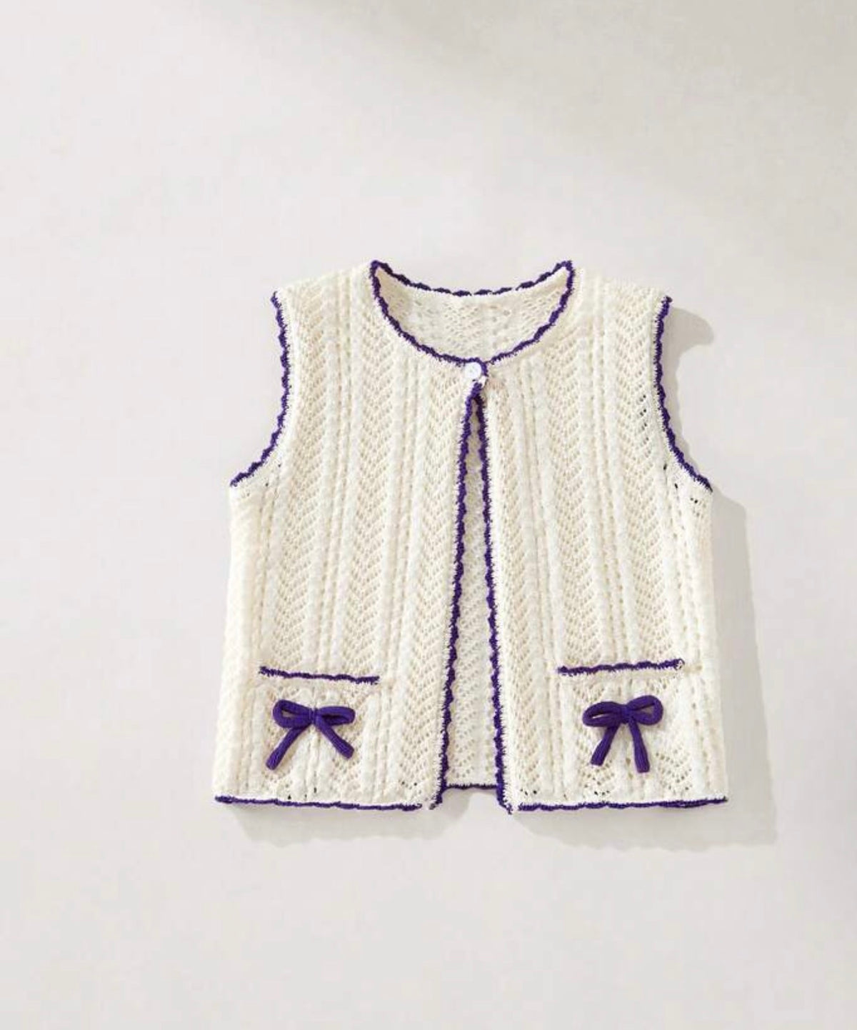 1pc Loose Fit Purple Trim Apricot Knit Vest ,Autumn