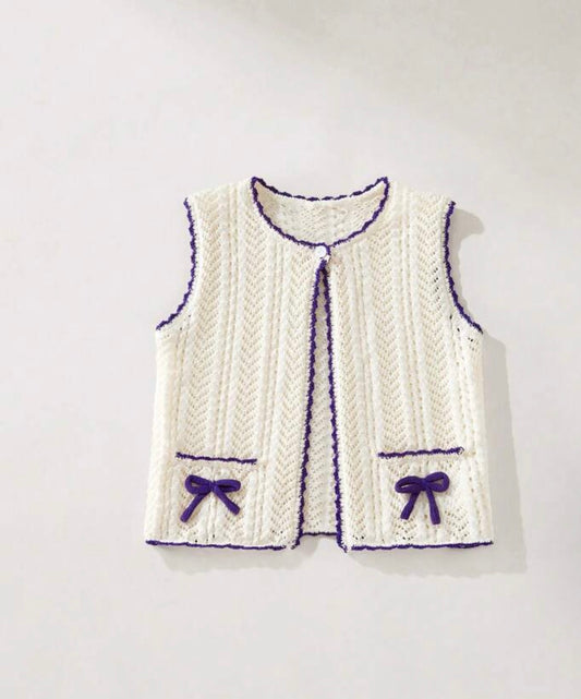 1pc Loose Fit Purple Trim Apricot Knit Vest ,Autumn