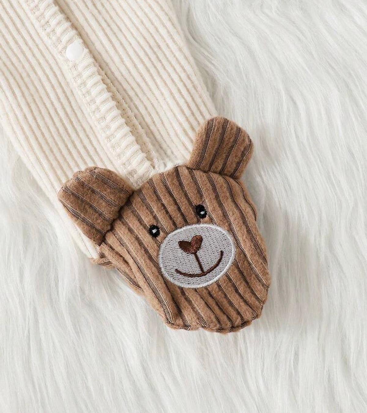 Newborn Baby Boy Apricot Bear Applique Embroidered Long Sleeve Footed Romper