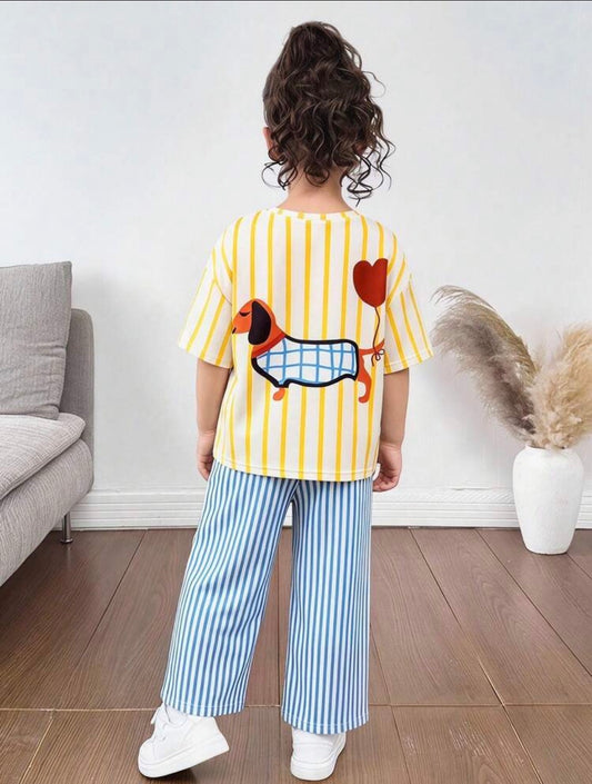 Vintage Graphic Print Casual Striped T-Shirt And Shorts