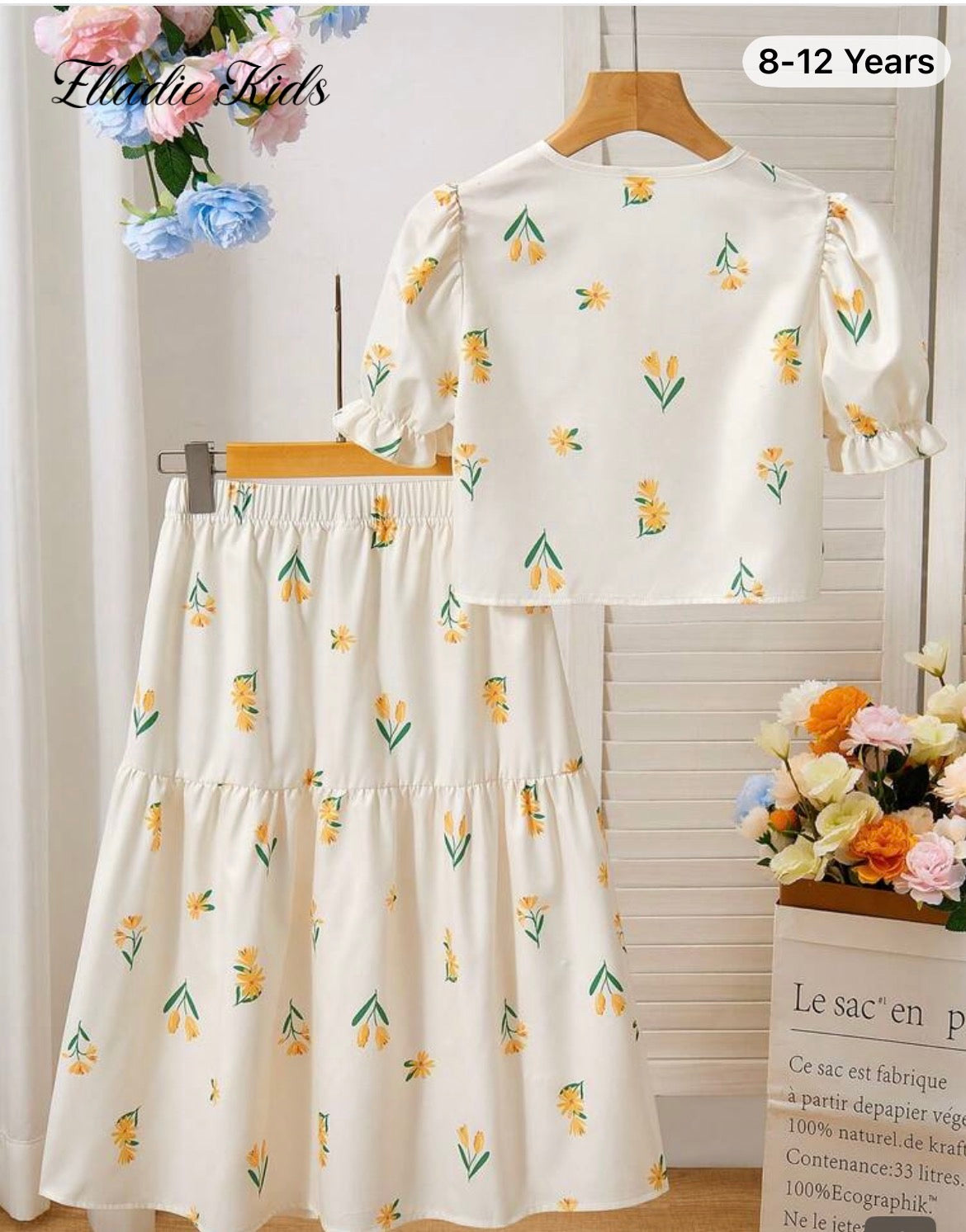 Print Petal Sleeve Shirt Asymmetric Button Skirt Set,