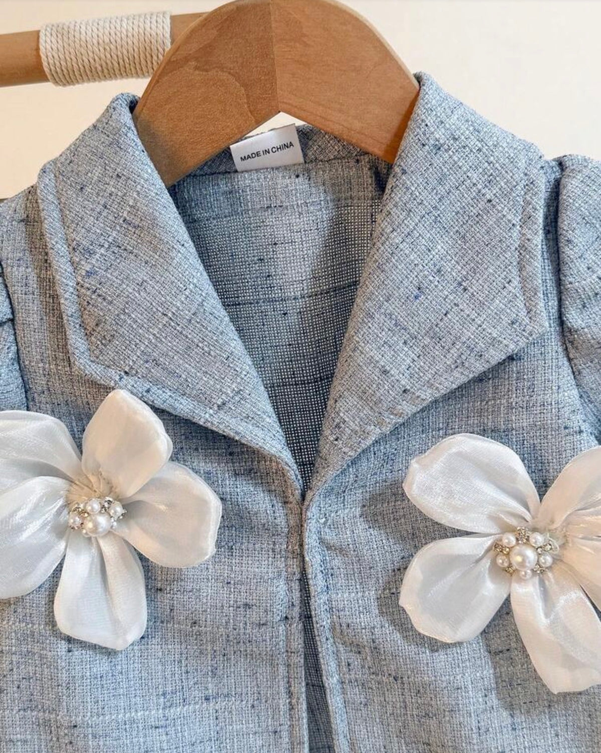 2 Pieces Set, Light Blue Tweed Short Blazer Paired With Matching Wide Leg Pants