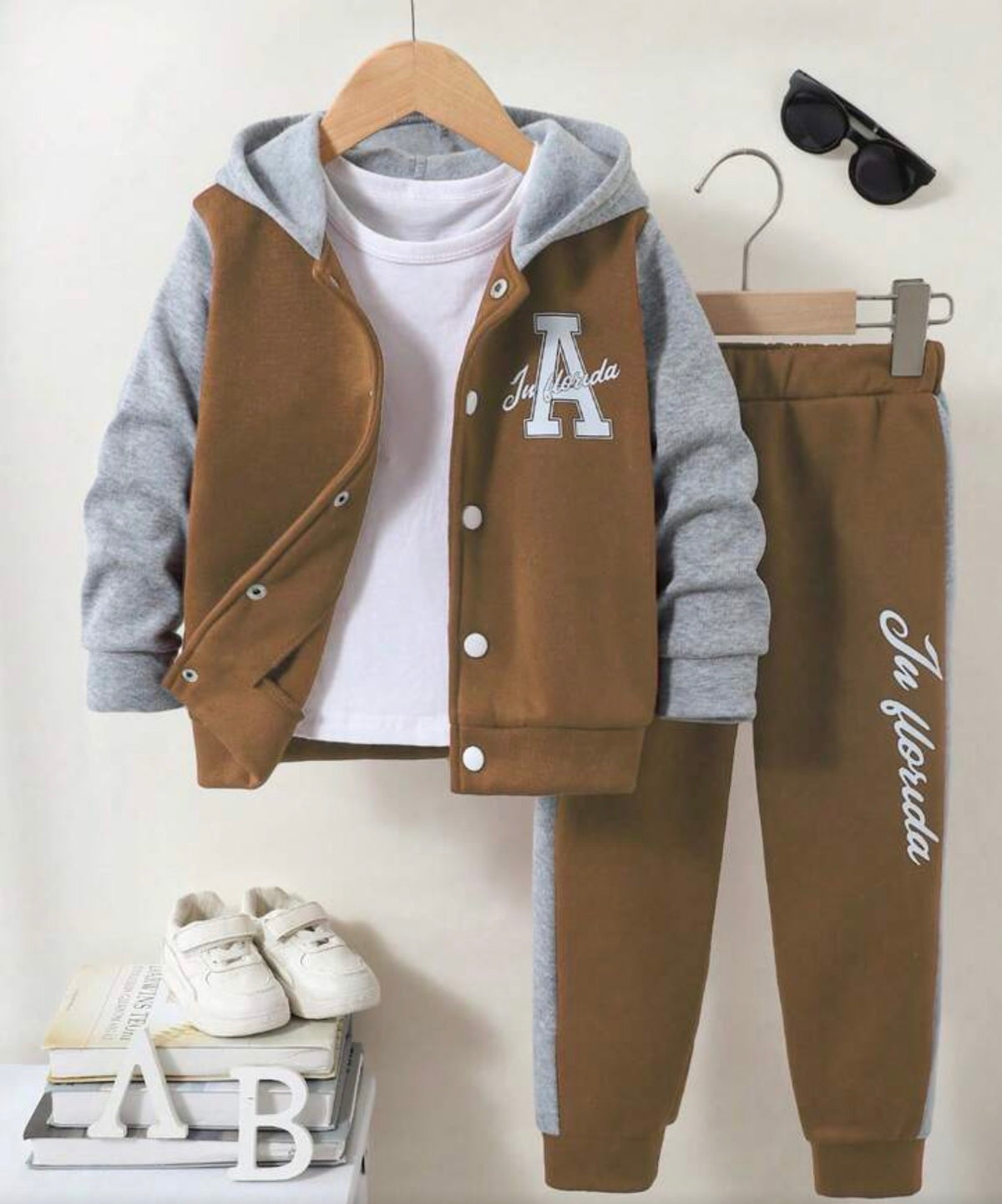 2pcs"A" Letter Graphic Button Contrast Color Sweatshirt + Patchwork Pants Set, Autumn/Winter