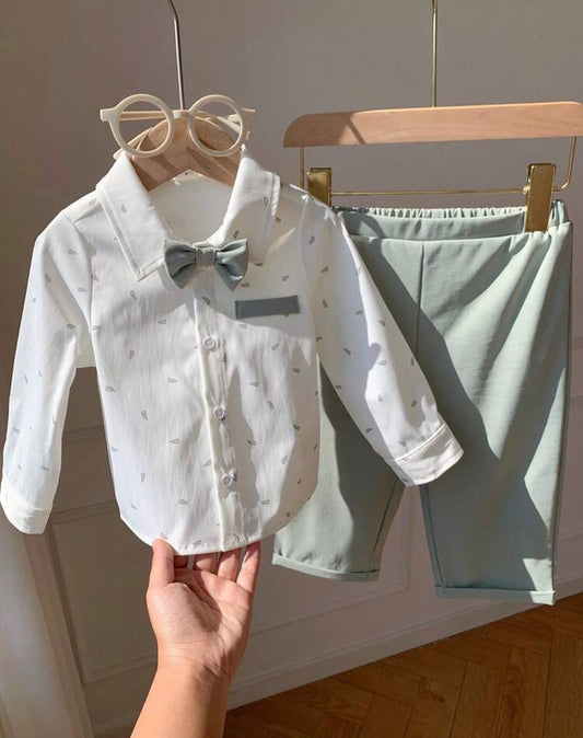 Floral Print White Long Sleeve Shirt And Green Pants Set