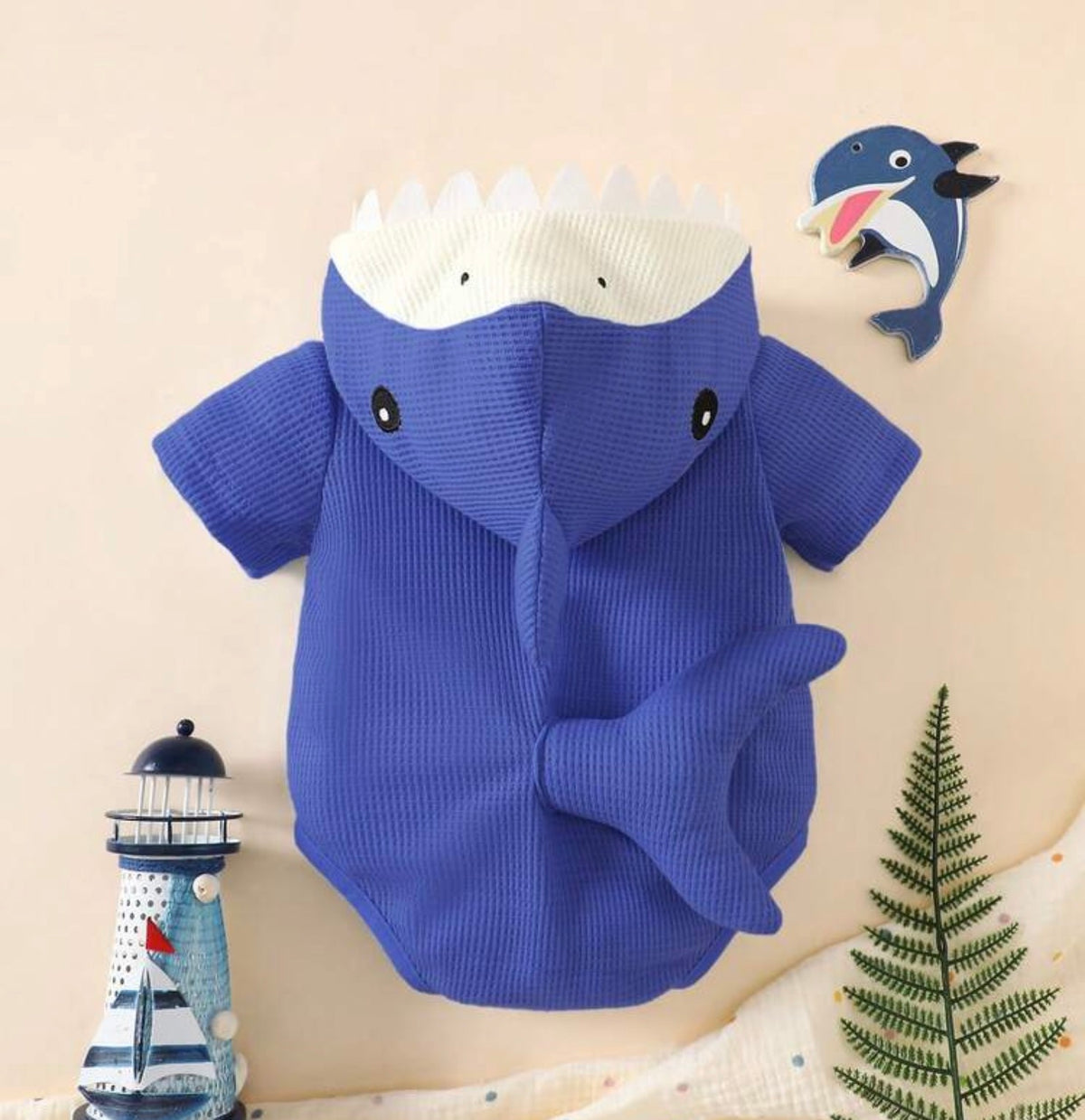 Shark 3D Embroidered Short Sleeve Hooded Romper