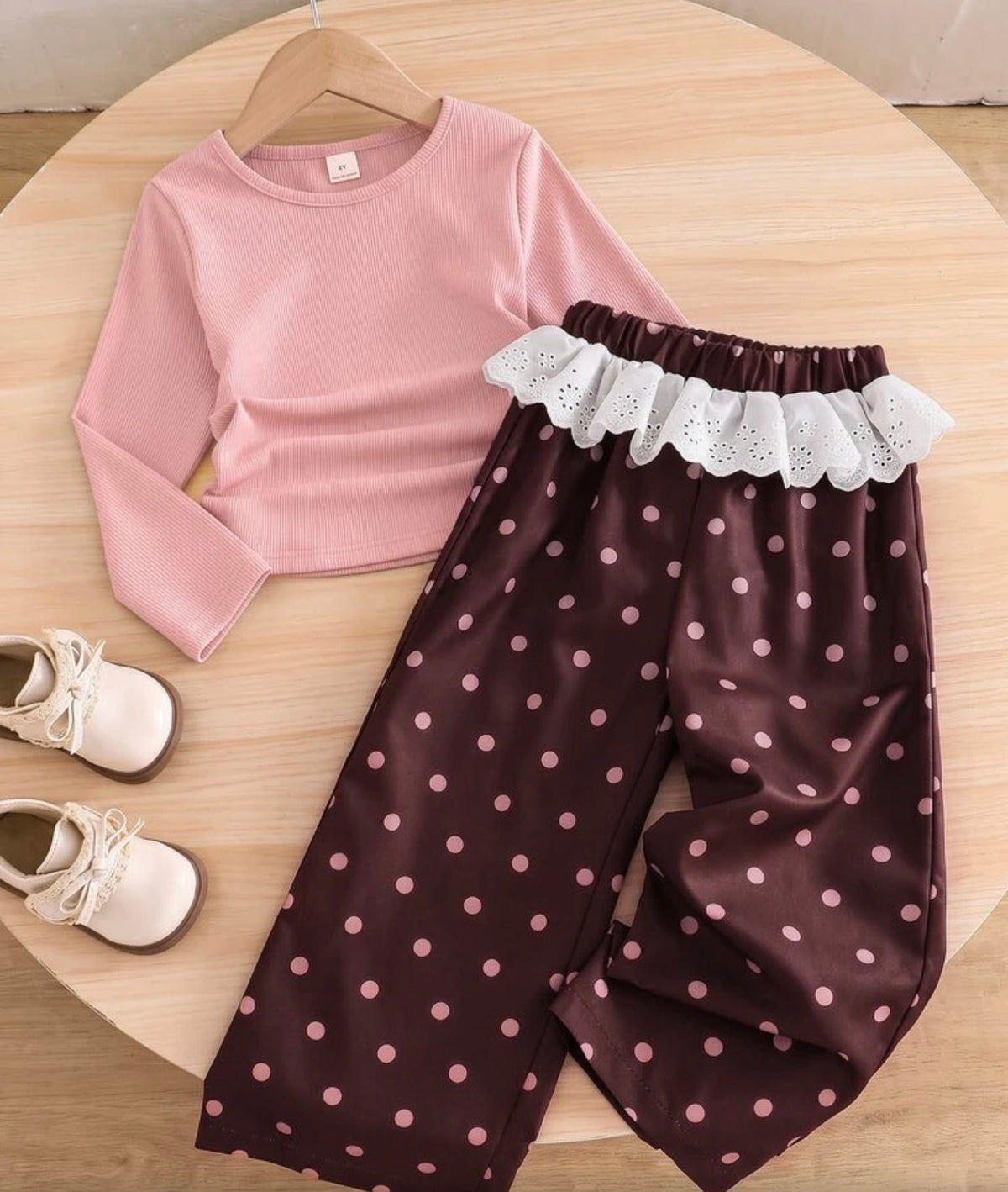 Ruched Waist Long Sleeve Top With Polka Dot Wide Leg Pants,