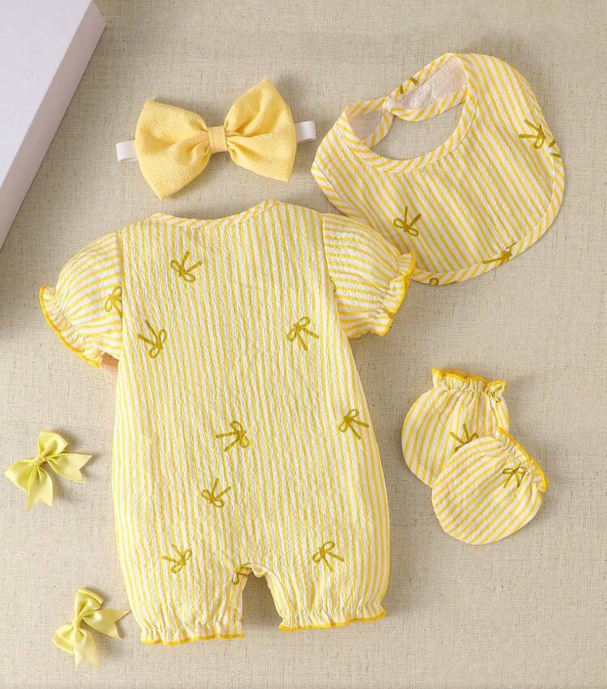 Pastel Yellow Bow Baby Romper 4pcs
