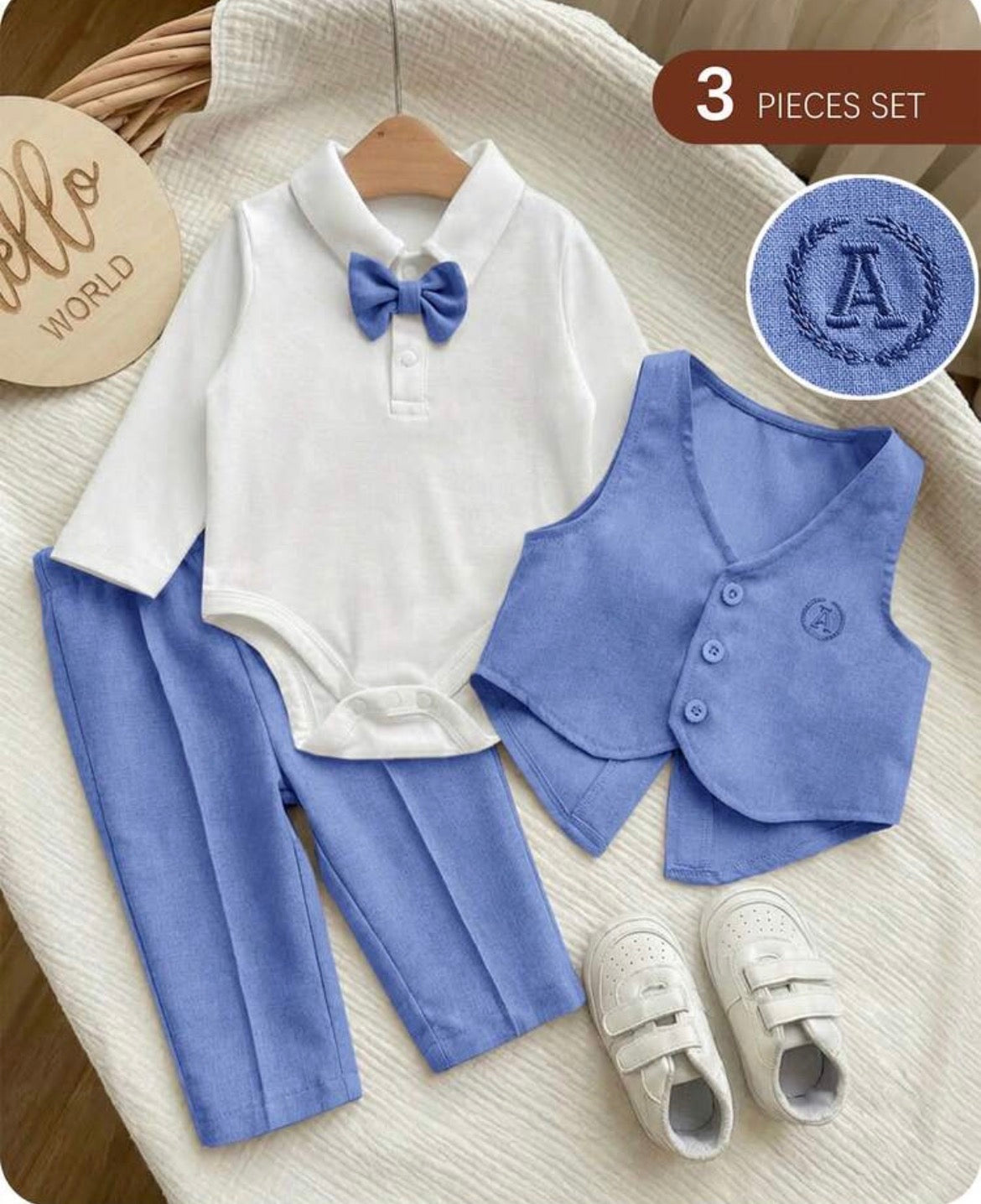 3pcs Vest Jacket, Pants And Bow Tie Romper