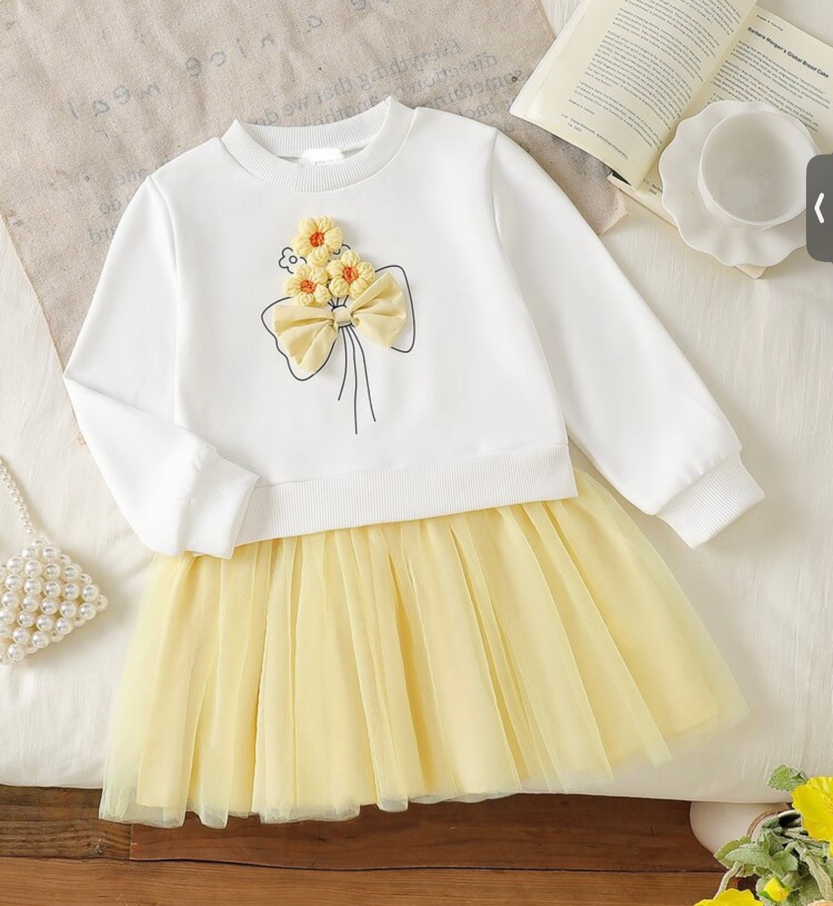 2pcs Toddler Girl Tulle Tutu Dress 3D Floral Bow Mesh Long Sleeve Round Neck