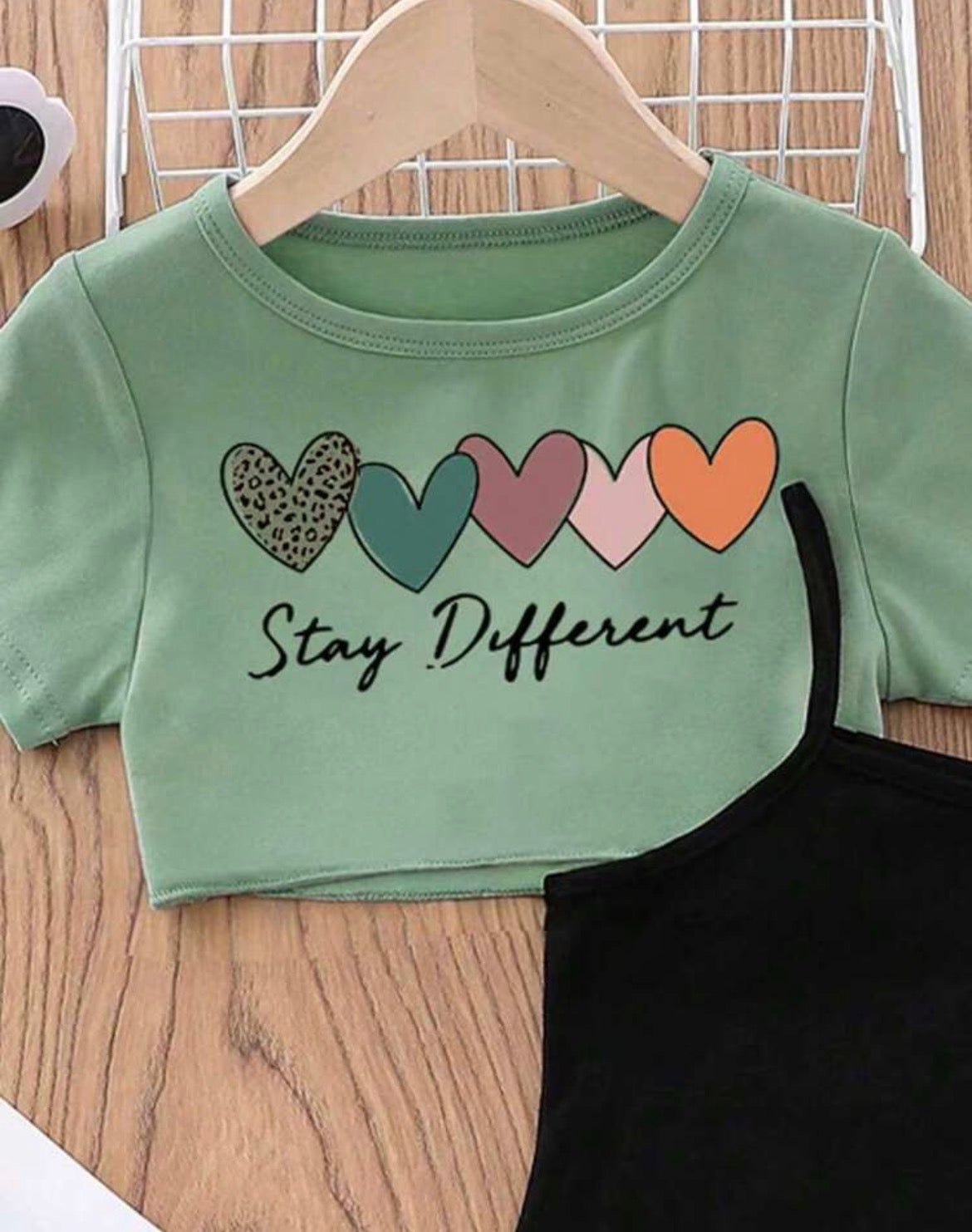 Round Neck Letter & Heart Print Short Sleeve T-Shirt And Cami Dress