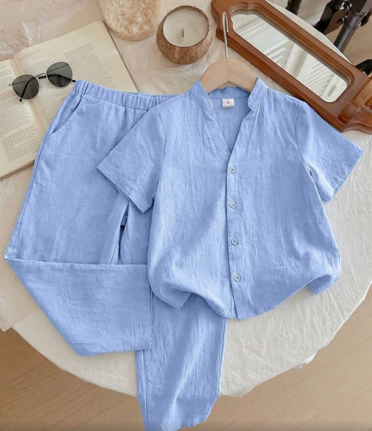 2pcs Short-Sleeved V-Neck Shirt And Pants Set