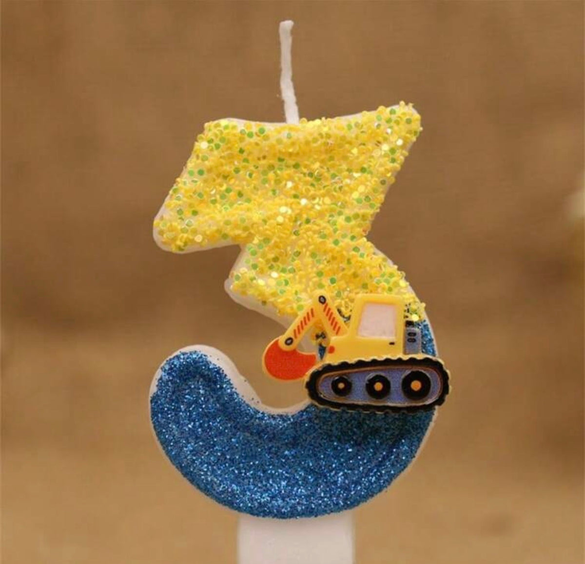 Blue & Yellow Excavator Flashing Digital Birthday Cake Candles,