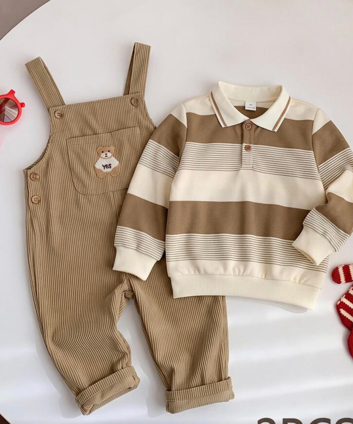 Striped Long Sleeve Top + Overalls 2 Pieces Set