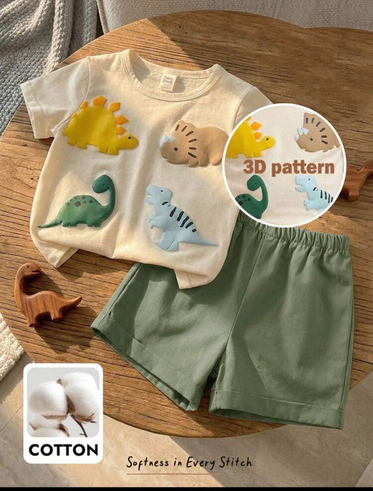 Cartoon Dinosaur Pattern Knit Soft Round Neck Short Sleeve Top And Elastic Waist Pants