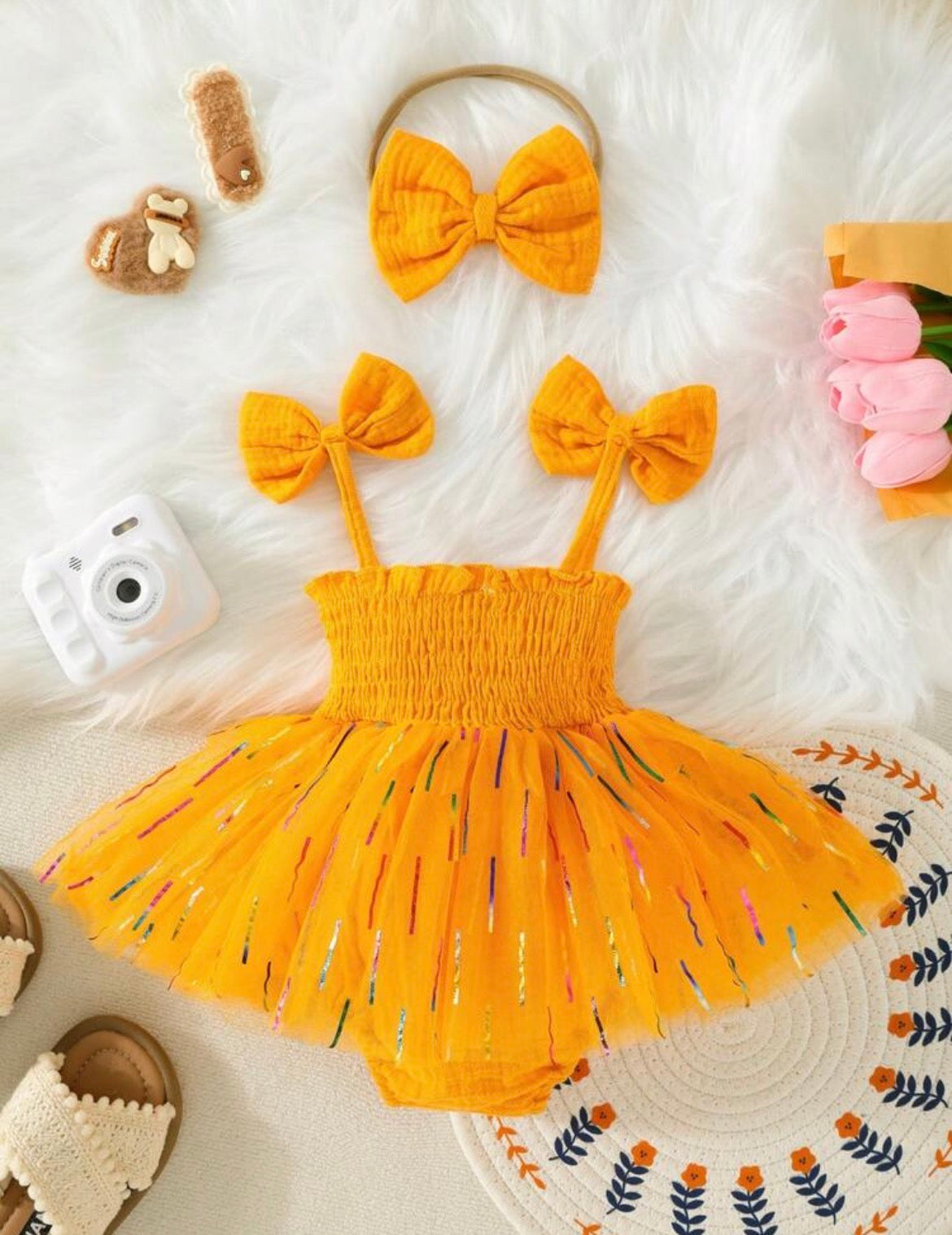 2pcs/Set,Letter Embroidery Bow Strap Tank Top Gradient Striped Print Tulle Dress Romper And Headband