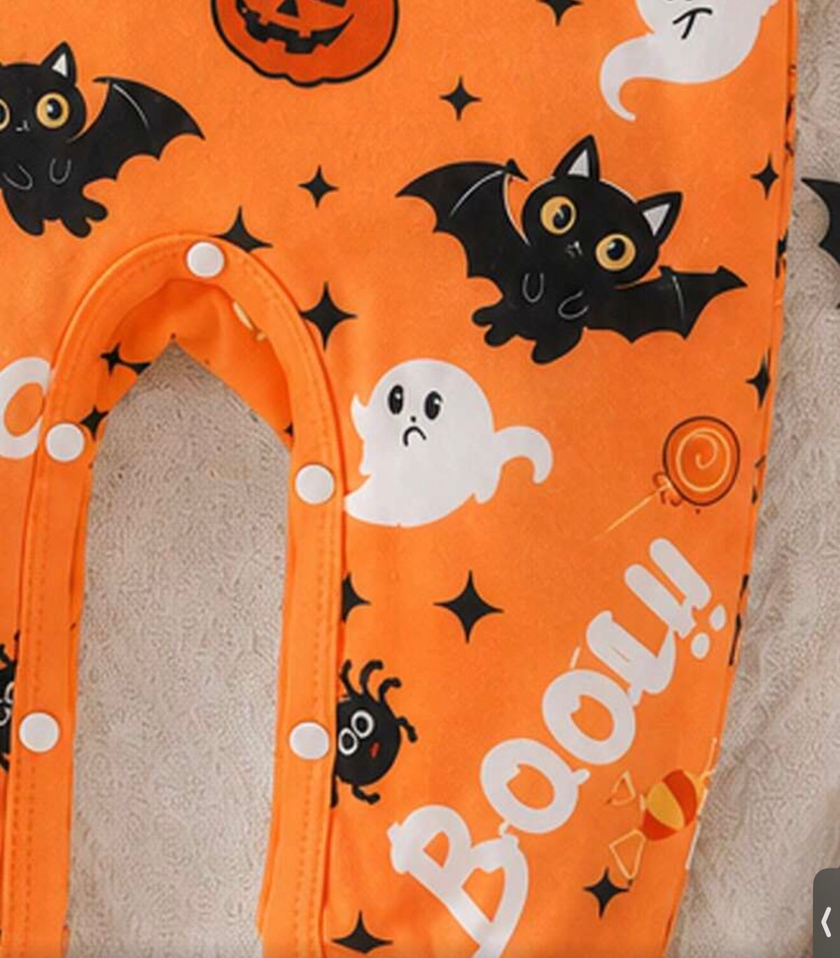 2pcs Toddler Newborn Baby Boy Ghost Pumpkin All-Over Print Halloween Party Crew Neck Long Sleeve Cuffed Jumpsuit With Hat