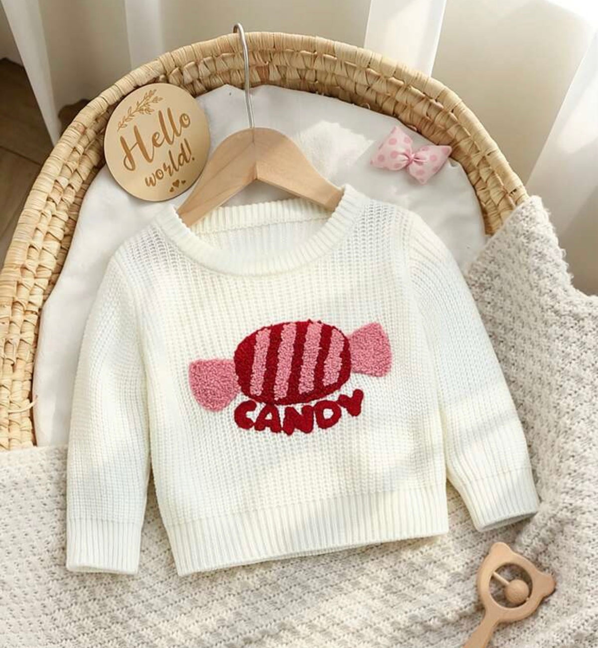 1pc Round Neck Sweater With "Baby" Embroidery Letter And 3D Flower