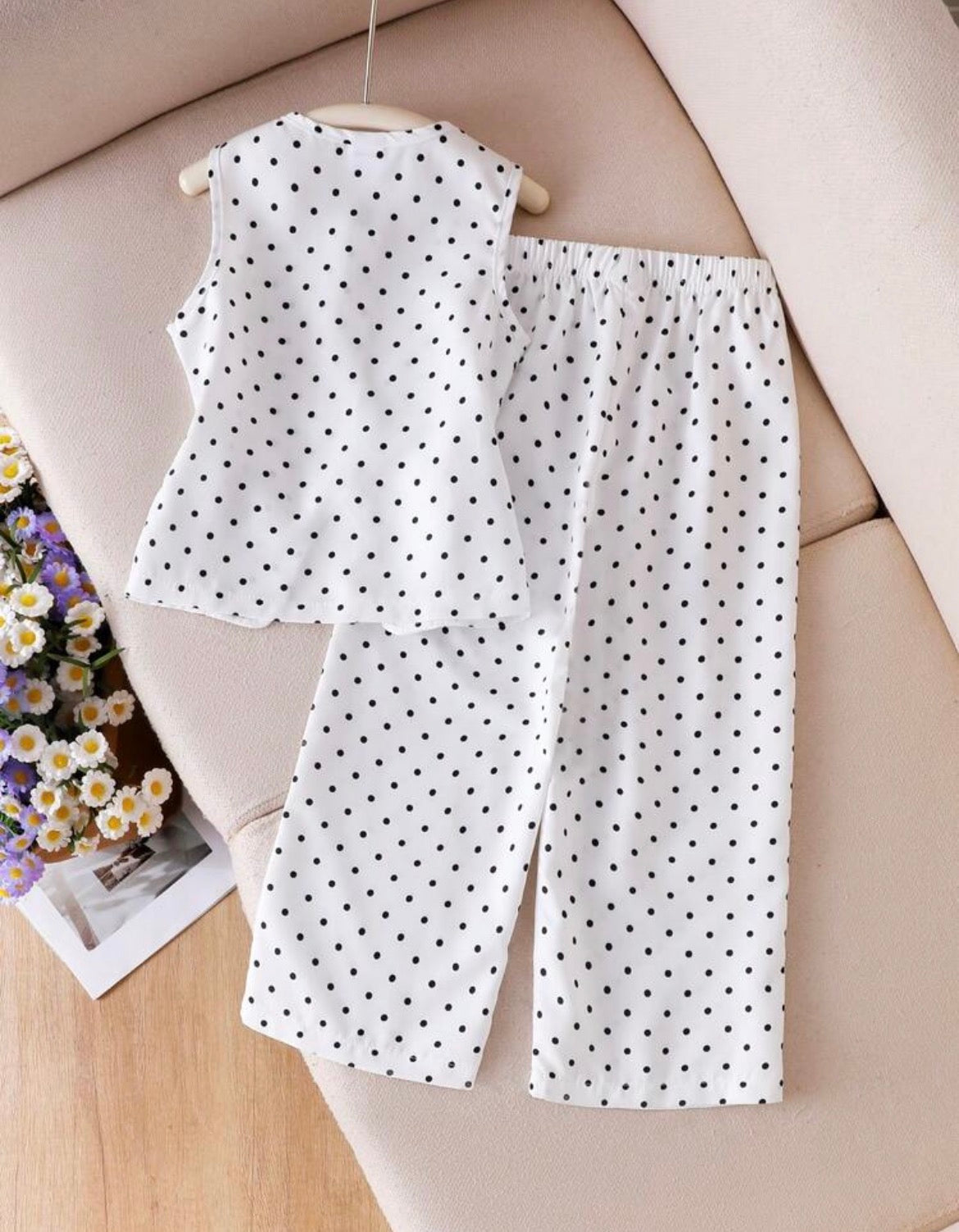 Polka Dot Print Blazer Vest And Straight Leg Pants White 2 Pieces