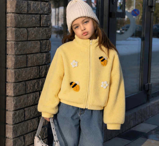 3D Bee & Flower Fuzzy Zipper Jacket