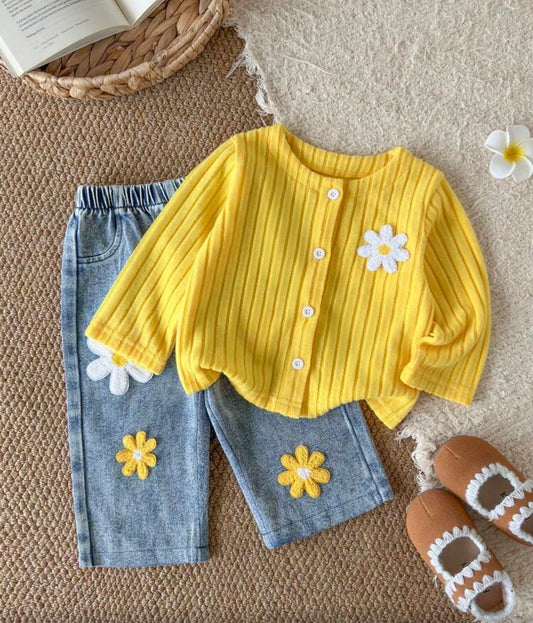 2pcs Ribbed Knit Denim pant Long Sleeve Round Neck shirt