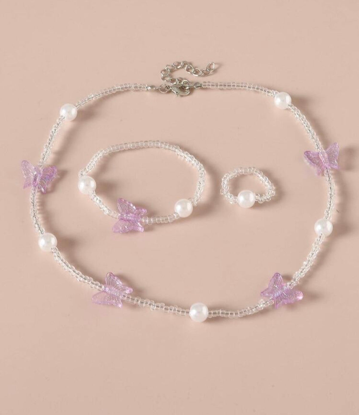1pc Girls Butterfly & Faux Pearl Decor Plastic Necklace & 1pc Ring & 1pc Bracelet For Daily Decoration