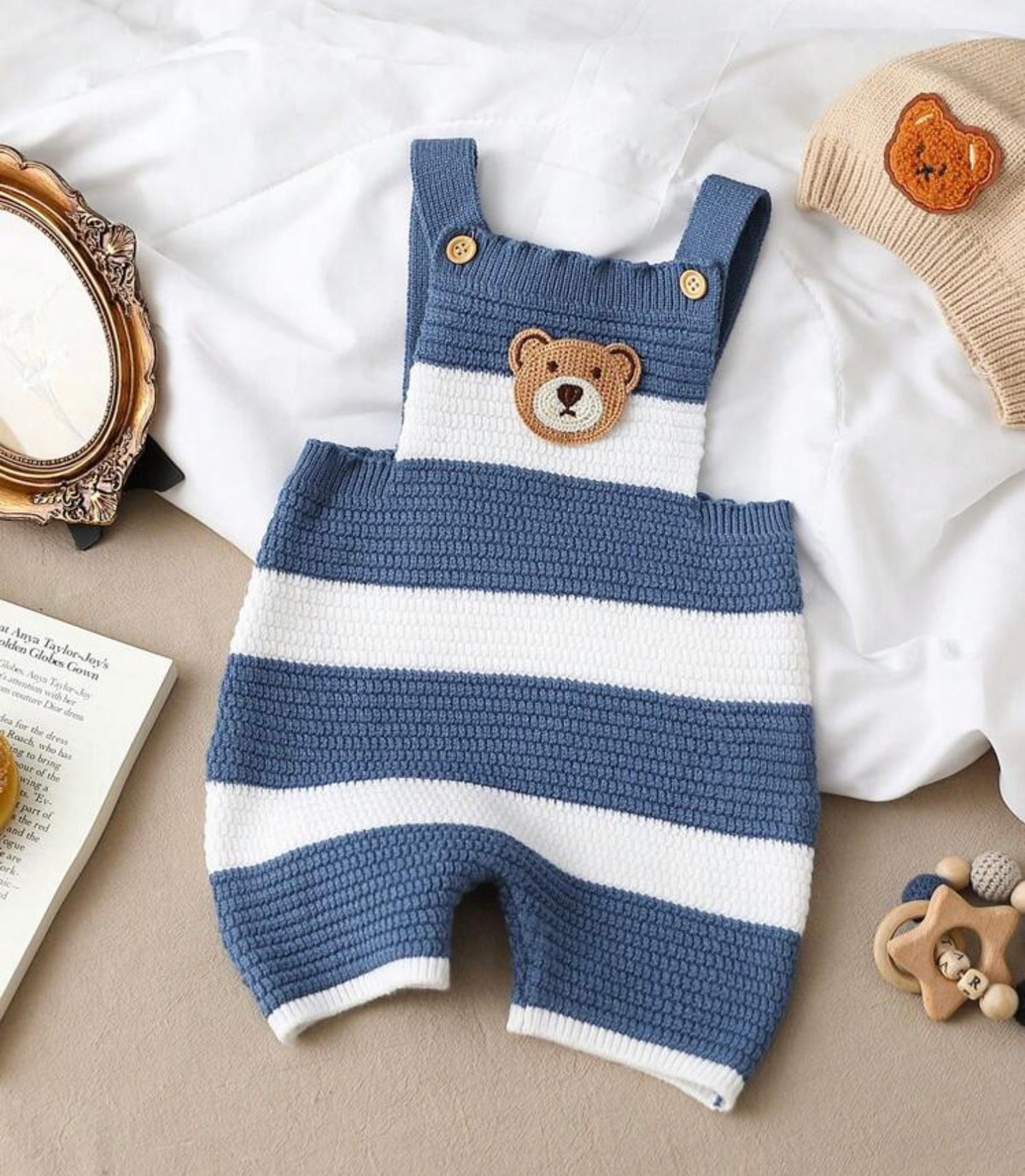 Bear Embroidery Striped Pattern Knit Overall Romper Autumn Fall