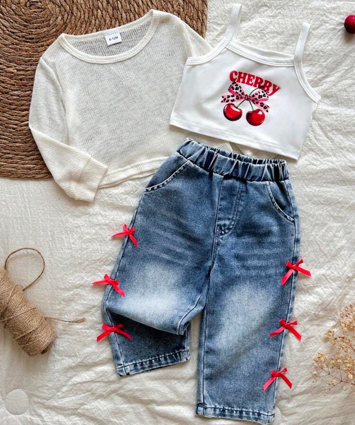3pcs/Set Casual American Pink Bow Print Hoodie Sweatshirt, Solid Color Camisole, And Bowknot Straight Leg Jeans